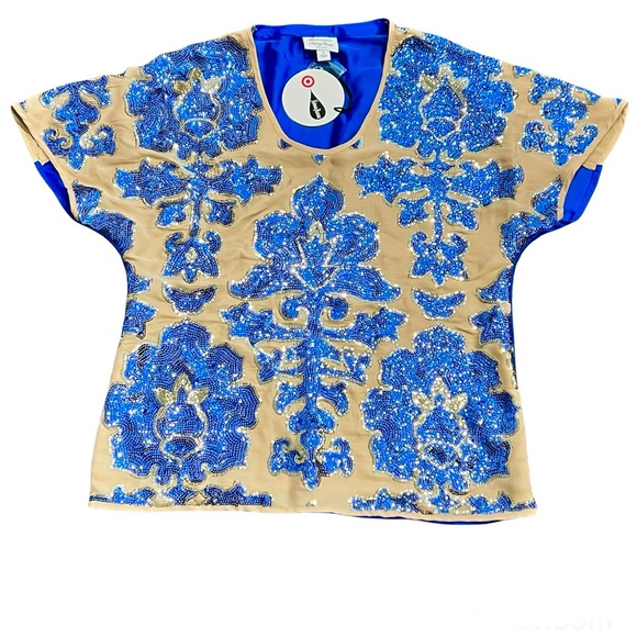 TRACY REESE NEIMAN MARCUS FOR TARGET BEIGE & ROYAL BLUE SEQUIN TOP - Picture 11 of 16